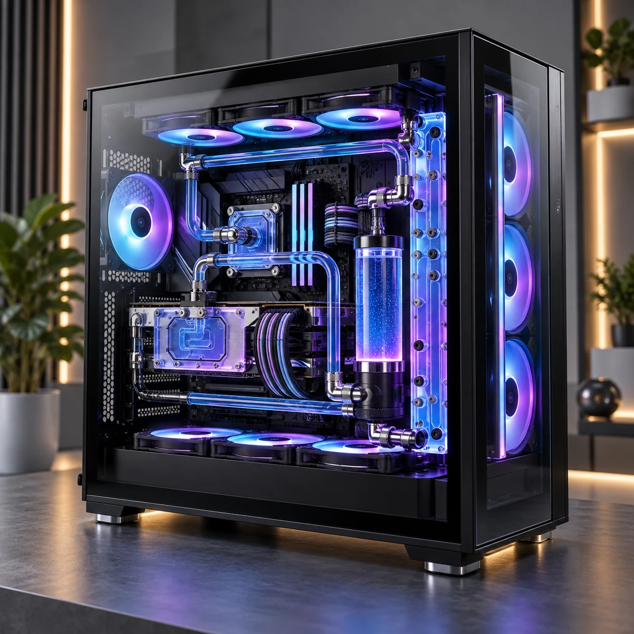 High-end custom PC with hardline liquid cooling and RGB lighting