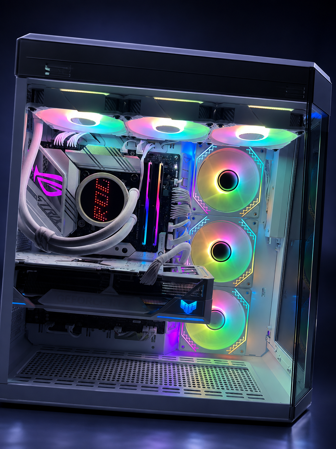 White showcase PC with panoramic glass and vivid RGB lighting