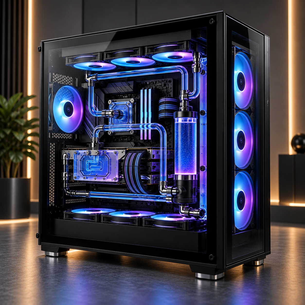 High-end gaming PC with hardline liquid cooling and RGB lighting