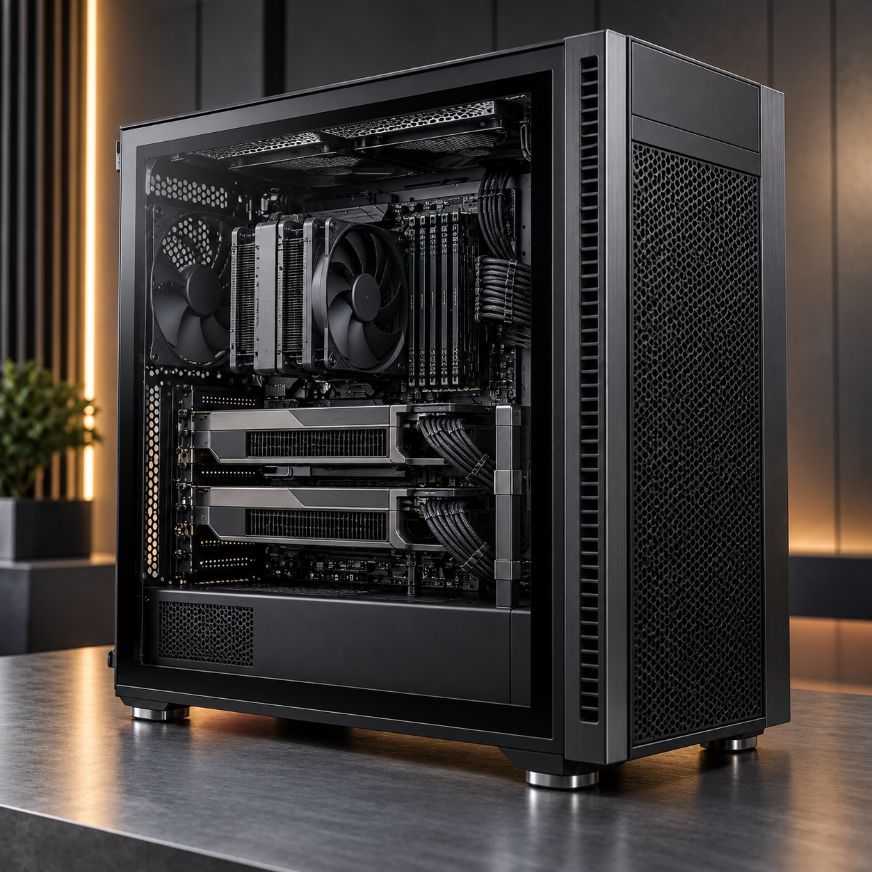 Professional industrial workstation computer with dual GPUs