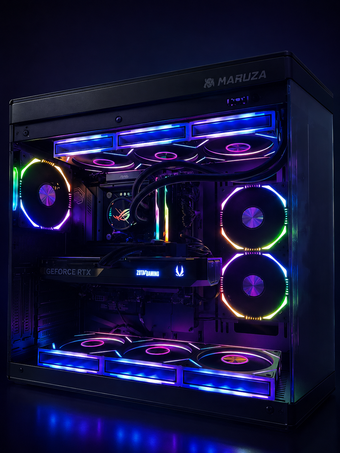 Premium custom PC with blue and magenta lighting