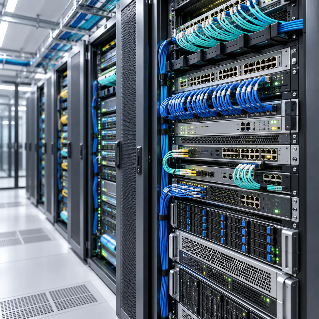 Server racks, switches, and organized network cabling