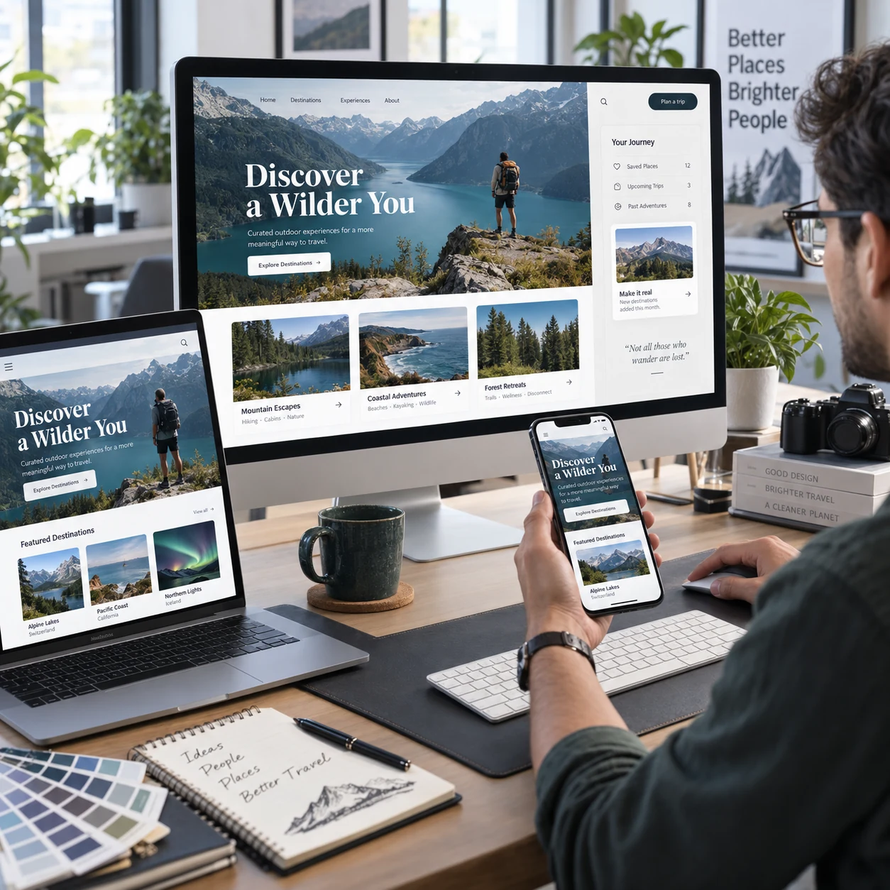 Designer reviewing a responsive website across desktop, laptop, and mobile screens